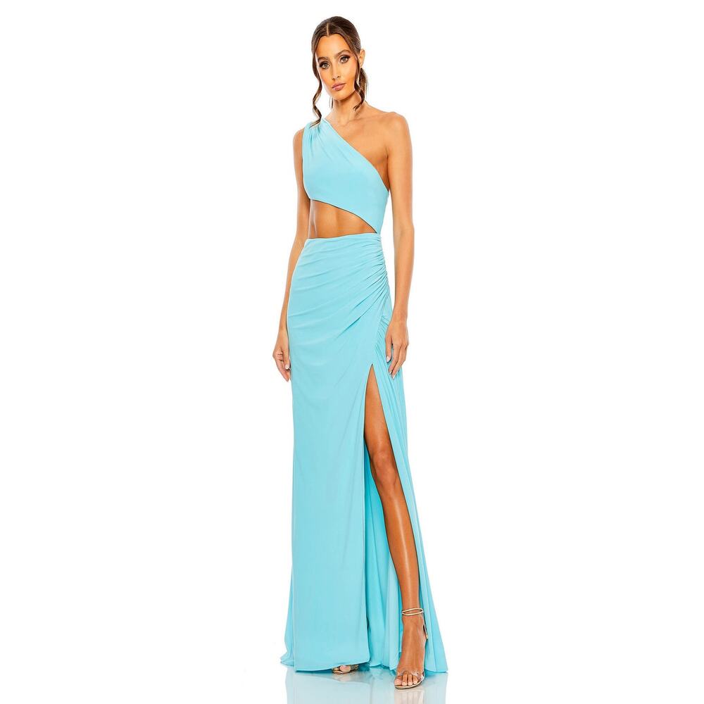 Mac Duggal Aqua One-Shoulder Cutout Evening Gown